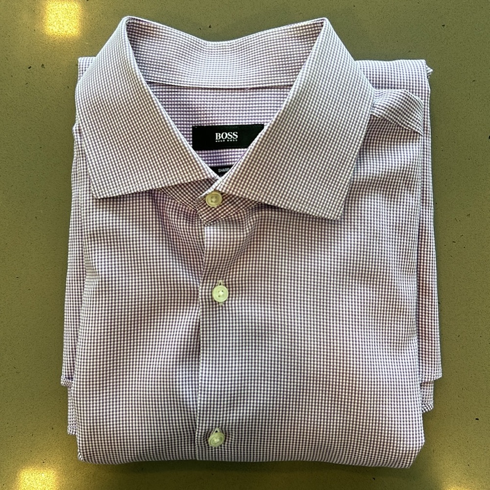 Hugo Boss ‘Miles’ Sharp Fit Dress Shirt in Purple Check | Size 17L - Picture 3 of 8